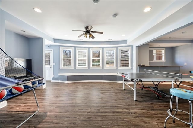 recreation room with ceiling fan, wood finished floors, baseboards, and recessed lighting