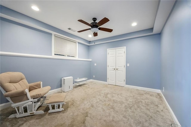 sitting room featuring a ceiling fan, carpet, baseboards, and recessed lighting