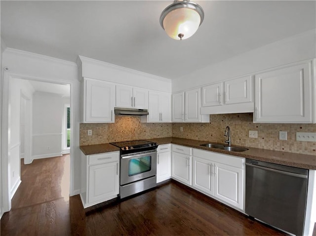 110 Wyngate Way, Fayetteville, GA 30215 - kitchen featuring stainless steel appliances, under cabinet range hood, tasteful backsplash, dark wood finished floors, and white cabinets