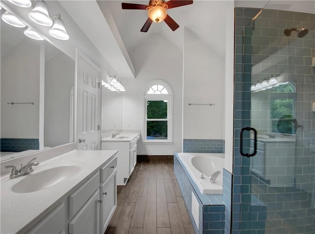 110 Wyngate Way, Fayetteville, GA 30215 - bathroom with a shower stall, two vanities, a garden tub, a ceiling fan, and vaulted ceiling
