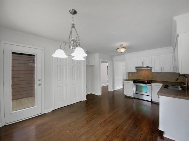 110 Wyngate Way, Fayetteville, GA 30215 - kitchen featuring stainless steel electric range oven, dark countertops, under cabinet range hood, white cabinets, and dark wood-style floors