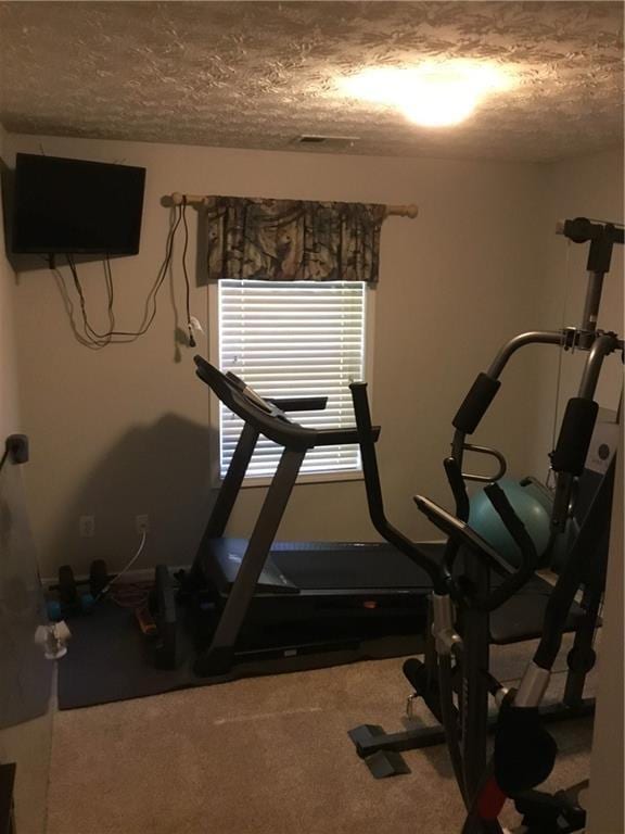 workout area featuring a textured ceiling and carpet floors