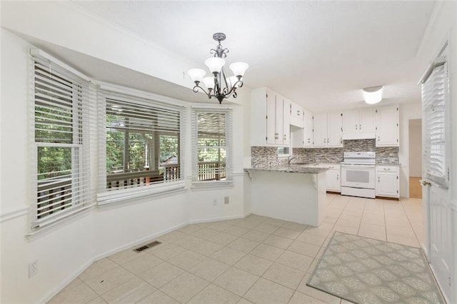 kitchen with white cabinetry, hanging light fixtures, white range with electric cooktop, kitchen peninsula, and light tile patterned floors