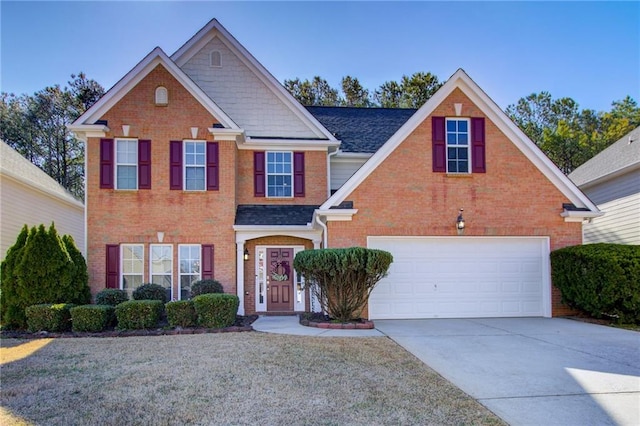 view of front facade featuring a garage, brick siding, driveway, and a shingled roof