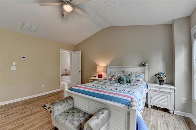 4165 Hammond Bridge Dr, Suwanee, GA 30024 - bedroom featuring vaulted ceiling, light wood-type flooring, ensuite bath, and ceiling fan