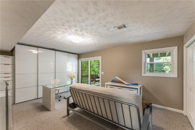 bedroom with a textured ceiling, access to exterior, baseboards, visible vents, and carpet floors