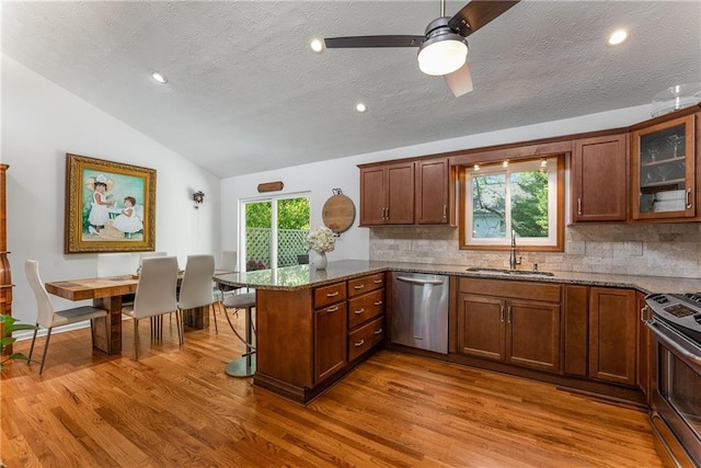 kitchen with a sink, decorative backsplash, stainless steel appliances, a peninsula, and lofted ceiling