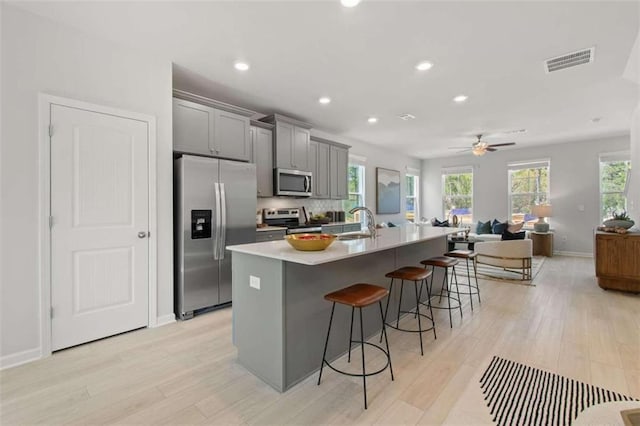 kitchen with light wood-type flooring, gray cabinetry, an island with sink, and stainless steel appliances