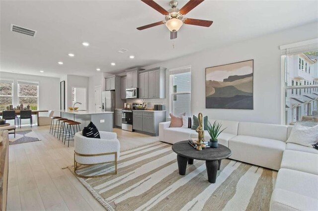 living room featuring light wood-type flooring, ceiling fan, a healthy amount of sunlight, and sink