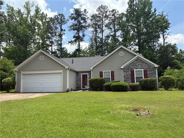 3505 Saddle Creek Ln, Ellenwood, GA 30294 - single story home with driveway, a garage, a front lawn, and stone siding