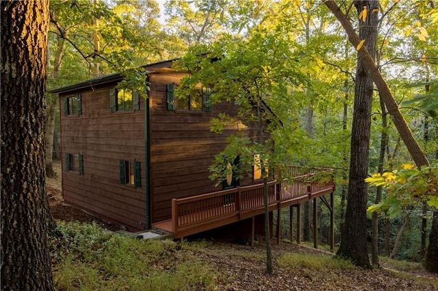 596 Riverview Dr, Ellijay, GA 30540 - view of property exterior featuring a wooden deck and a wooded view