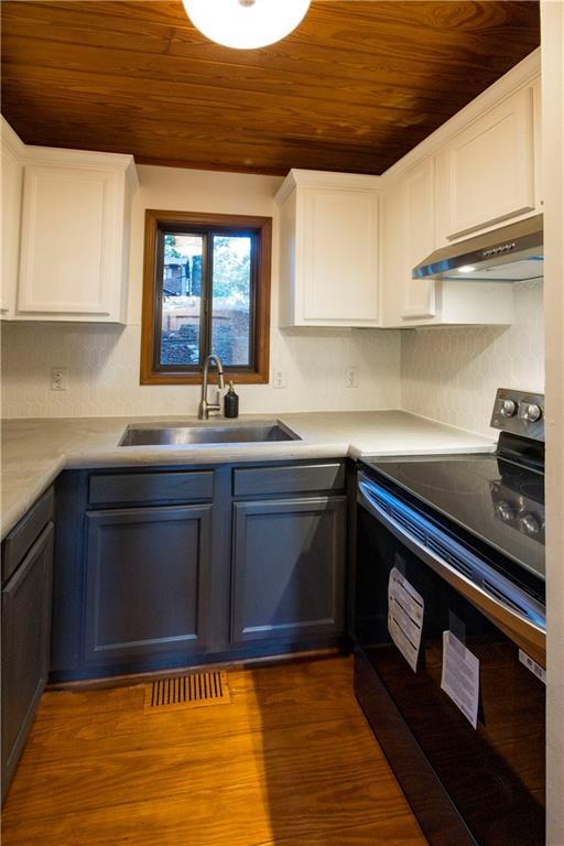596 Riverview Dr, Ellijay, GA 30540 - kitchen with black / electric stove, under cabinet range hood, wood ceiling, a sink, and white cabinetry