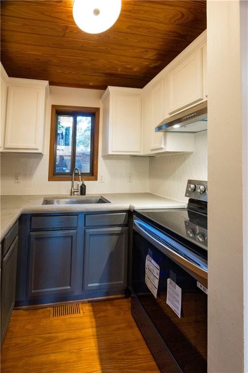 kitchen with wood ceiling, white cabinetry, dark wood-type flooring, black electric range, and sink