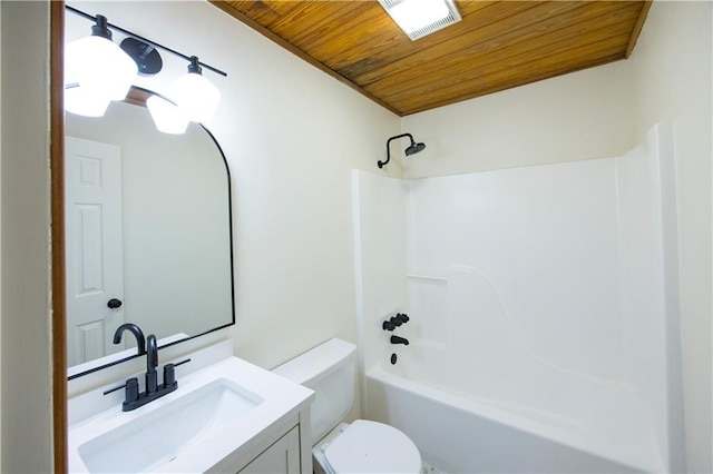 full bathroom featuring toilet, wood ceiling, vanity, and shower / bathtub combination