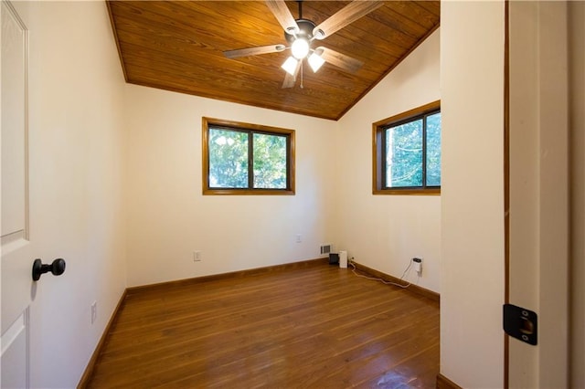 spare room with lofted ceiling, ceiling fan, wooden ceiling, and dark hardwood / wood-style flooring