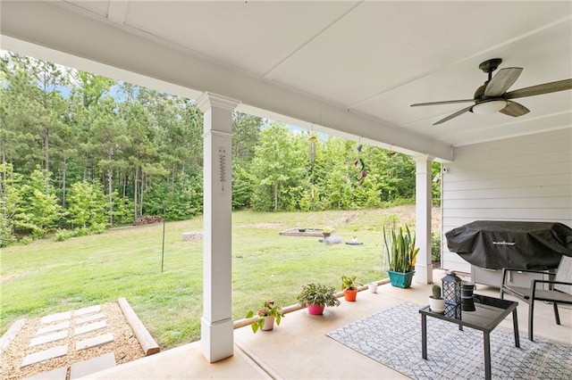 2241 N 16th Hwy, Whitesburg, GA 30185 - view of patio featuring a ceiling fan, a view of trees, and area for grilling