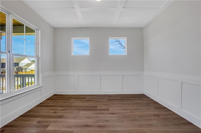 empty room with a wealth of natural light, a wainscoted wall, and dark wood finished floors