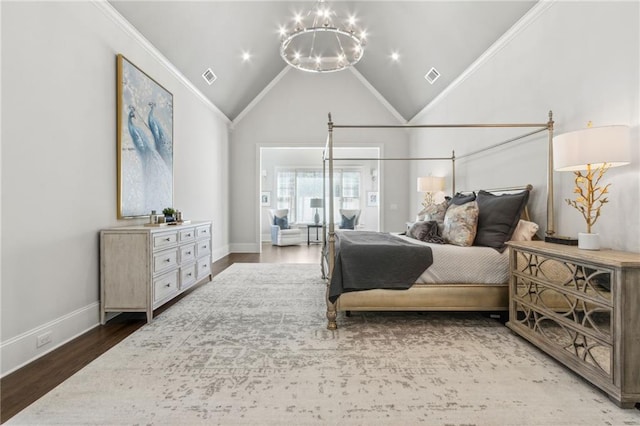 bedroom with ornamental molding, an inviting chandelier, and visible vents