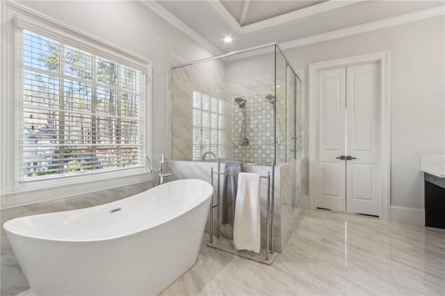 full bathroom featuring a stall shower, crown molding, a wealth of natural light, and a freestanding bath