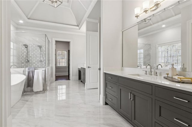 bathroom with crown molding, plenty of natural light, and marble finish floor