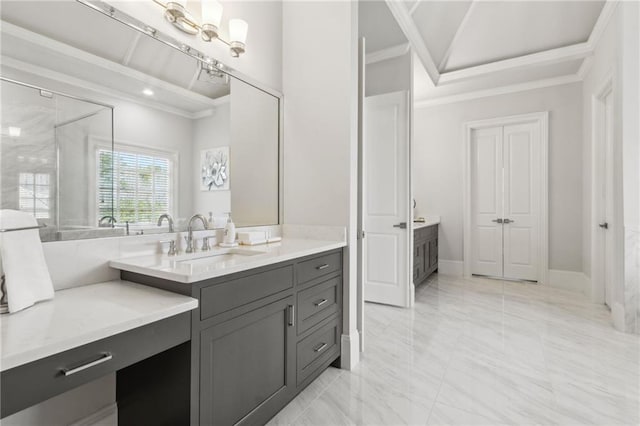 full bathroom featuring a shower stall, marble finish floor, ornamental molding, and vanity