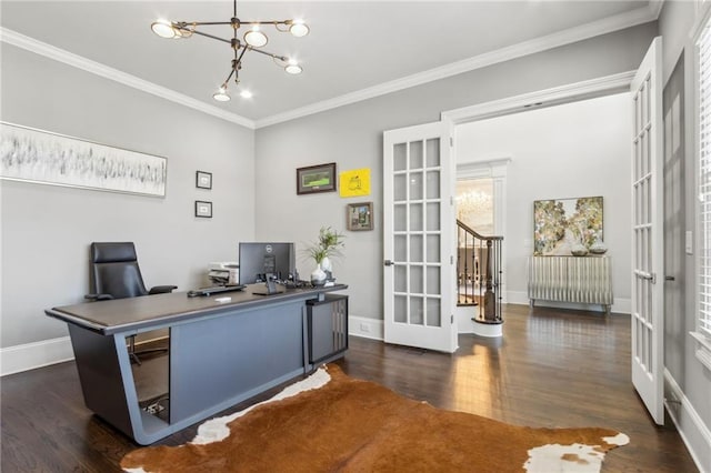 office space featuring french doors, baseboards, a chandelier, crown molding, and dark wood-type flooring