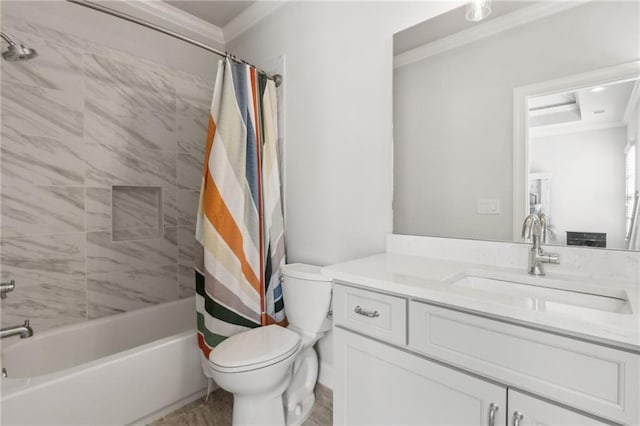 full bath featuring crown molding, toilet, shower / tub combo with curtain, and vanity
