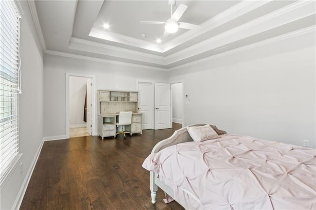 bedroom featuring wood finished floors, a ceiling fan, crown molding, a raised ceiling, and recessed lighting