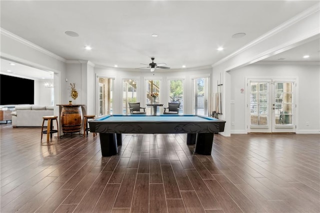 recreation room with ceiling fan, billiards, dark wood-type flooring, and recessed lighting