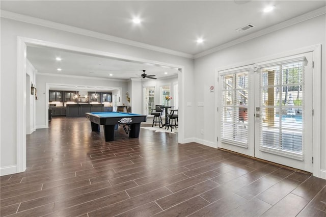 game room with recessed lighting, visible vents, baseboards, dark wood-type flooring, and pool table