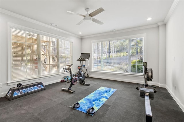 exercise room with a ceiling fan, visible vents, baseboards, ornamental molding, and recessed lighting