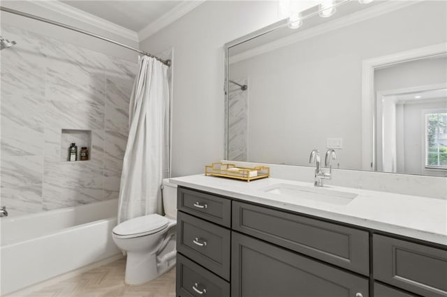 full bath with vanity, crown molding, toilet, and shower / bath combination with curtain