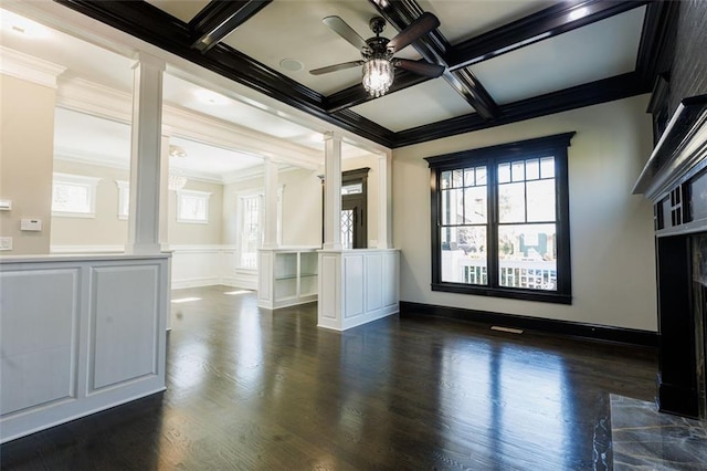 hallway with an inviting chandelier, crown molding, and dark hardwood / wood-style flooring