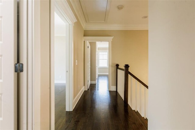 interior space with ceiling fan, a raised ceiling, dark hardwood / wood-style floors, and crown molding