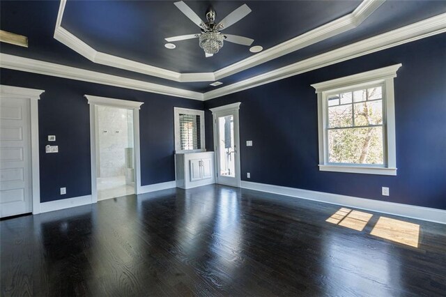 spare room with ceiling fan, ornamental molding, a tray ceiling, and dark hardwood / wood-style flooring