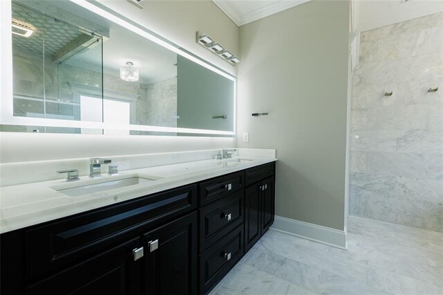 bathroom featuring tile walls, plus walk in shower, plenty of natural light, and crown molding