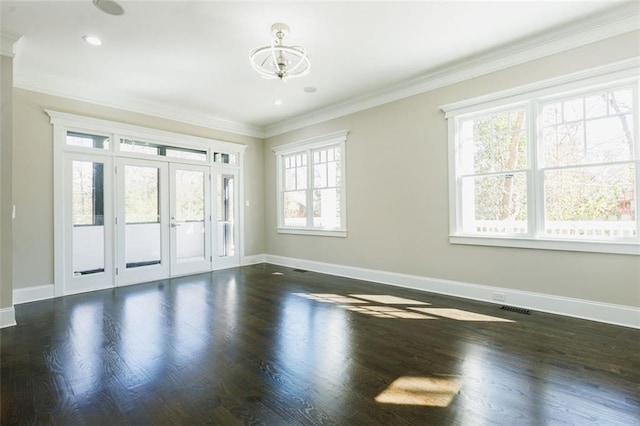 living room with dark wood-type flooring, a healthy amount of sunlight, and crown molding