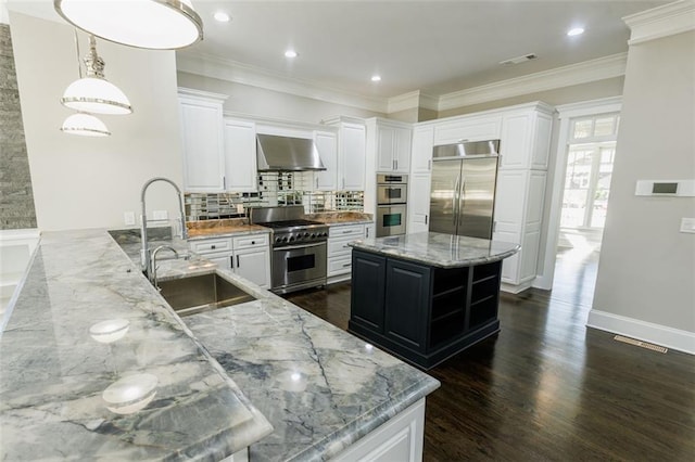 interior space featuring crown molding, dark hardwood / wood-style floors, french doors, and plenty of natural light