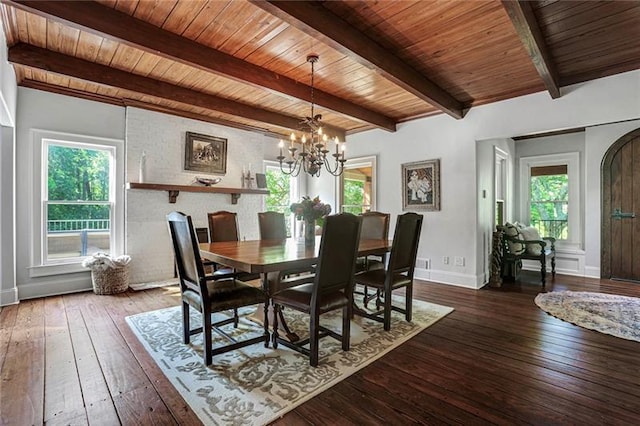 dining space featuring hardwood / wood-style flooring, wood ceiling, and a healthy amount of sunlight