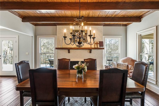 dining space with a chandelier, beamed ceiling, wooden ceiling, and wood-type flooring