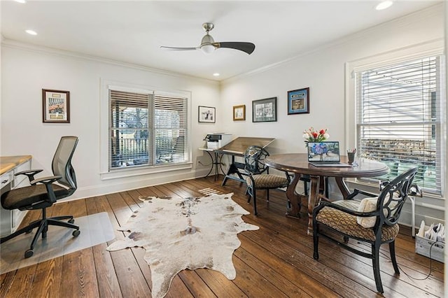 office space with a ceiling fan, hardwood / wood-style floors, recessed lighting, crown molding, and baseboards