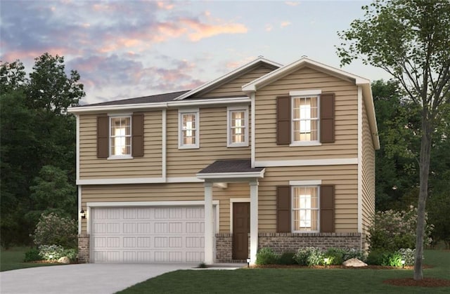 view of front of house with a front yard, concrete driveway, brick siding, and an attached garage