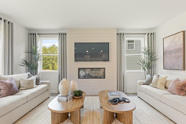 living area featuring a large fireplace, baseboards, and wood finished floors