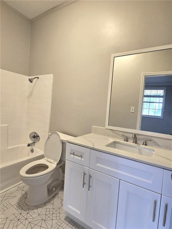 bathroom with vanity, ornamental molding, tile patterned flooring, shower / bath combination, and toilet