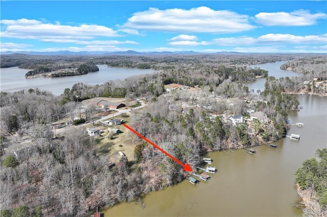 aerial view featuring a view of trees and a water and mountain view