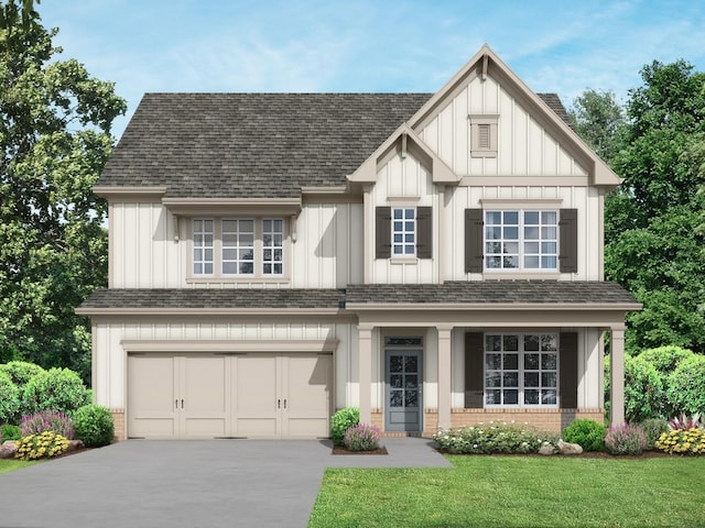 5587 Spring St, Flowery Branch, GA 30542 - view of front facade with board and batten siding, a front yard, brick siding, concrete driveway, and an attached garage