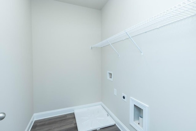 5587 Spring St, Flowery Branch, GA 30542 - washroom featuring laundry area, baseboards, dark wood finished floors, electric dryer hookup, and washer hookup