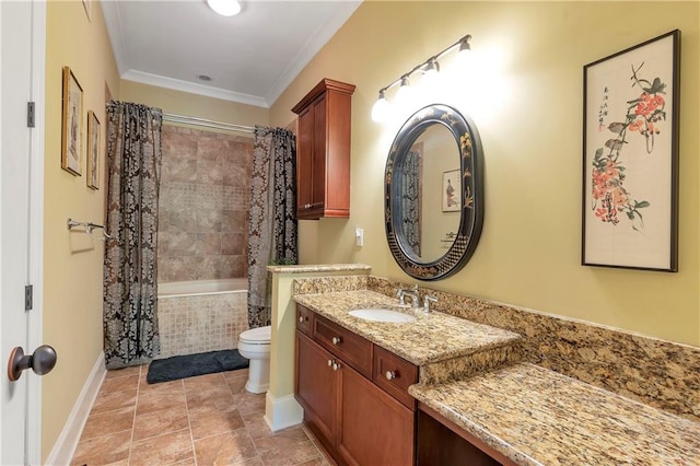 full bathroom with tile floors, vanity, shower / tub combo with curtain, ornamental molding, and toilet