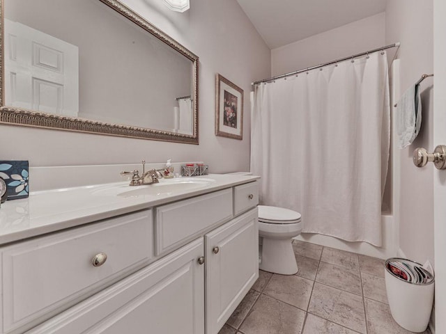 full bathroom featuring vanity, shower / bathtub combination with curtain, and toilet