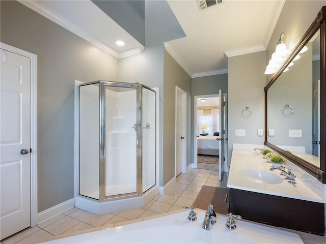 bathroom with walk in shower, ornamental molding, and tile patterned flooring